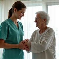 Smiling female physiotherapist in uniform providing guidance to a senior exercising in a gym.