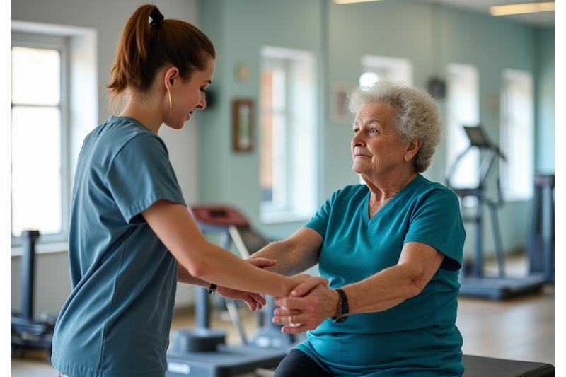 An instructor assisting a senior with proper form on an exercise machine, highlighting safety and support.