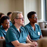 A group of Oasis Recreation Hub staff members attentively listening during a senior care training session.