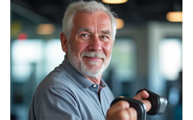 A senior man smiling while performing gentle bicep curls using light dumbbells in a fitness class setting.