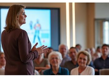 A speaker presenting to an attentive group of seniors at a wellness workshop, covering topics like healthy eating.