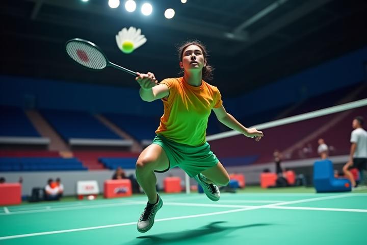 Energetic badminton player mid-smash on a bright court, showcasing agility.