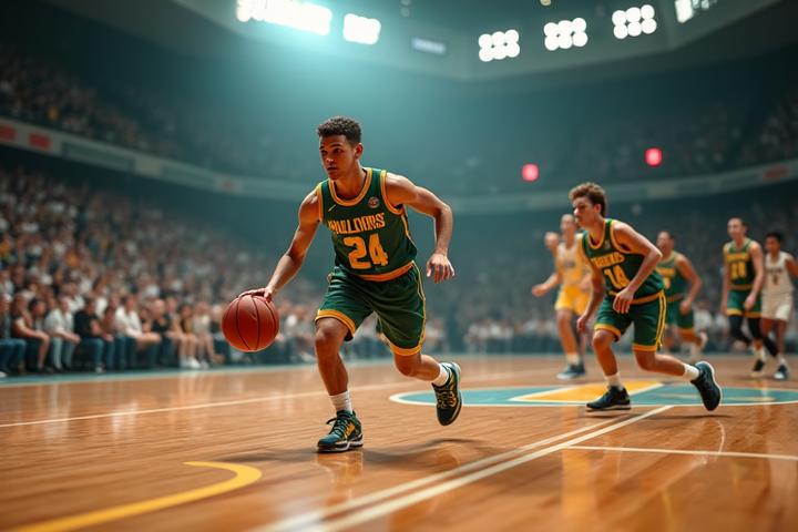 Dynamic shot of basketball players in a full-court game, mid-dribble, showcasing energy and focus.