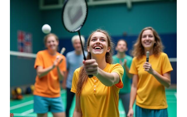 Mixed gender groups enthusiastically playing badminton together.