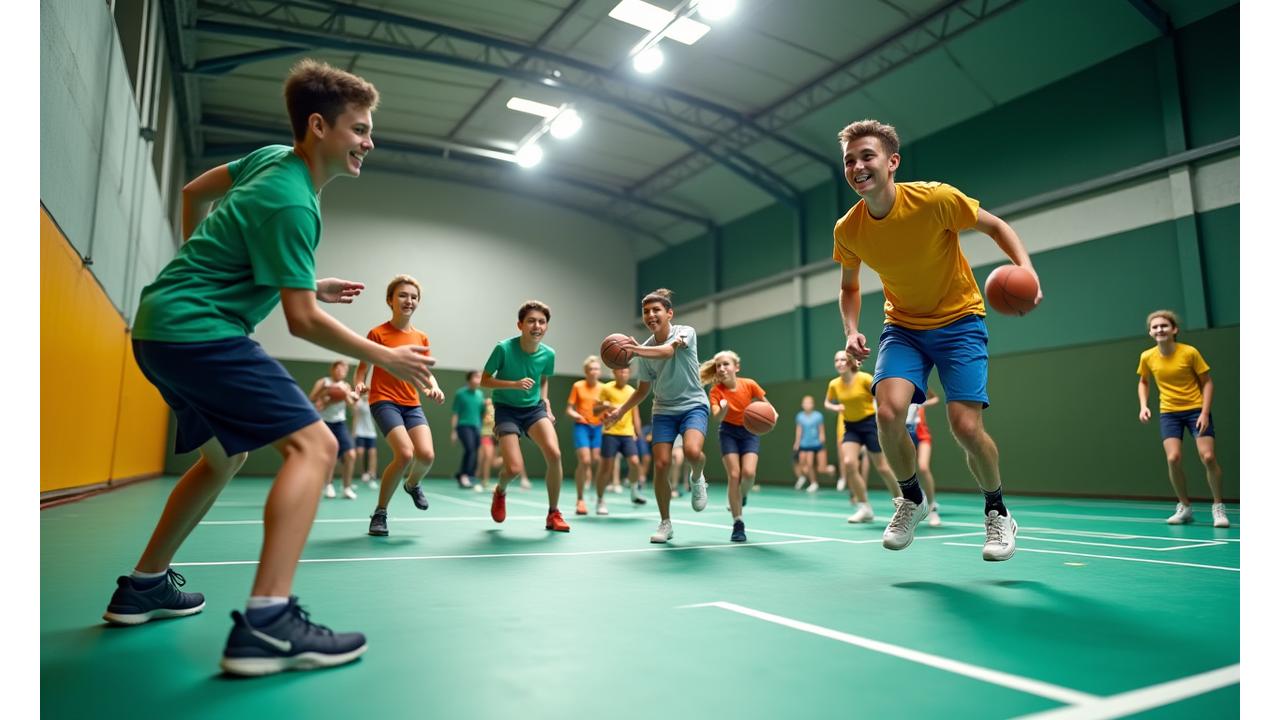 Diverse group of adults and youth playing sports, showcasing basketball and badminton action in a vibrant setting.