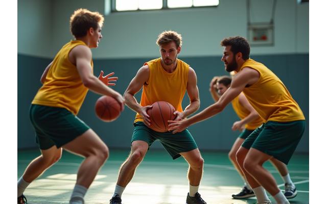 Mid-level basketball players executing a strategic play during a game.