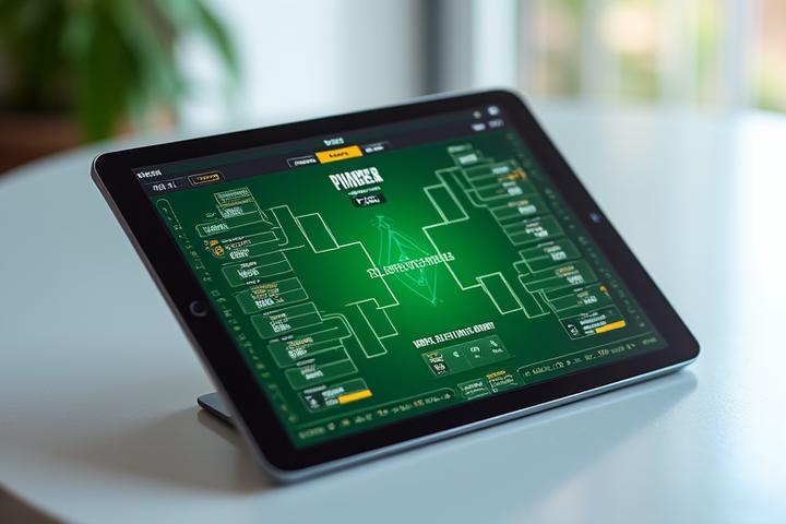 Digital interface displaying a sports league schedule and team standings on a tablet.