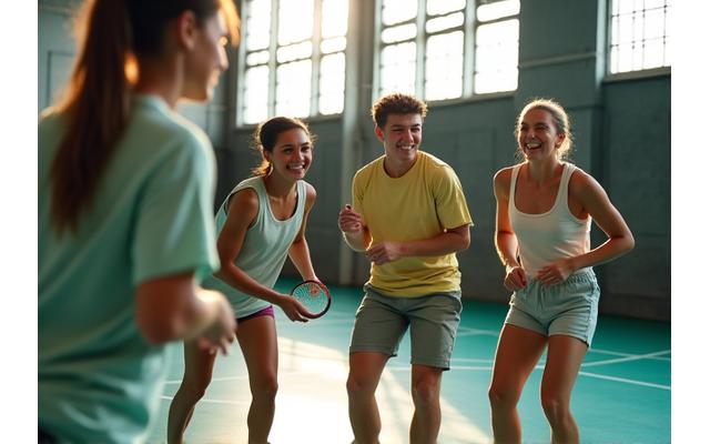 Group of friends enjoying a casual game of badminton on a court.