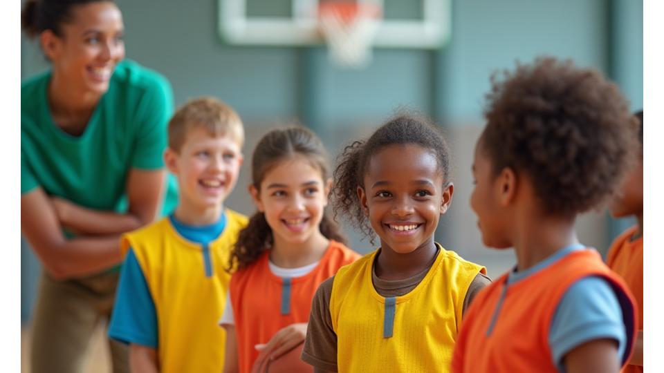 Joyful diverse group of children playing basketball, guided by a supportive coach.