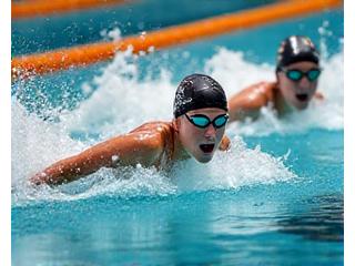 Several youth swimmers racing in a competition pool, blurring movement