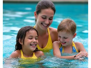 Children in a shallow part of the pool learning to swim with an instructor