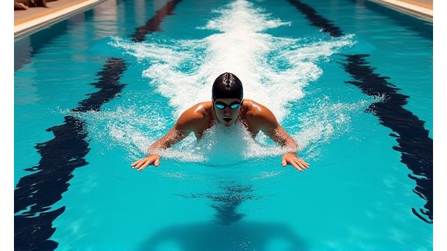 Competitive swimmer doing lap swimming in an empty lane, showing strong form