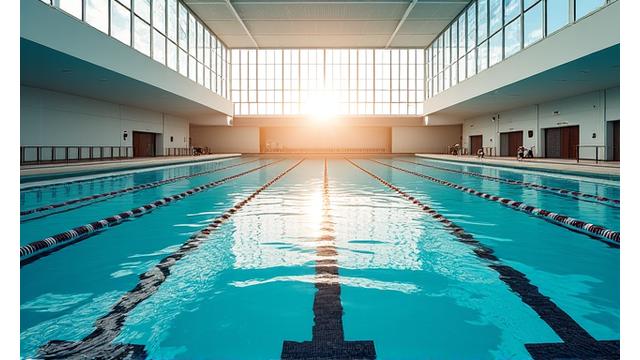 Panoramic view of Oasis Recreation Hub's Olympic-sized 50-meter swimming pool with crystal clear water and multiple lanes