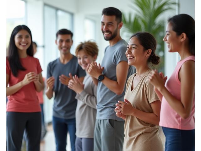 Diverse group of people in sporty attire engaging in conversation and smiling in a modern recreational facility.