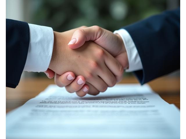 Two people shaking hands over a blurred contract, symbolizing agreement and responsibility.