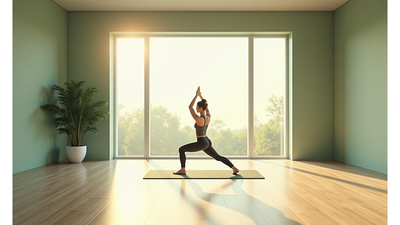 Serene yoga studio with natural light and a person in a peaceful yoga pose.