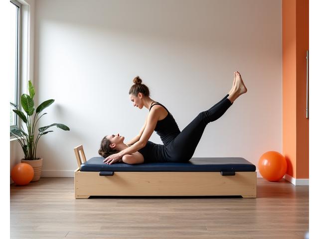 Woman performing pilates on a reformer machine in a bright studio.