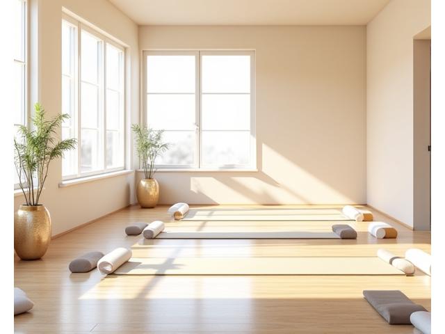 Bright, spacious yoga studio interior with large windows and yoga mats laid out and props.